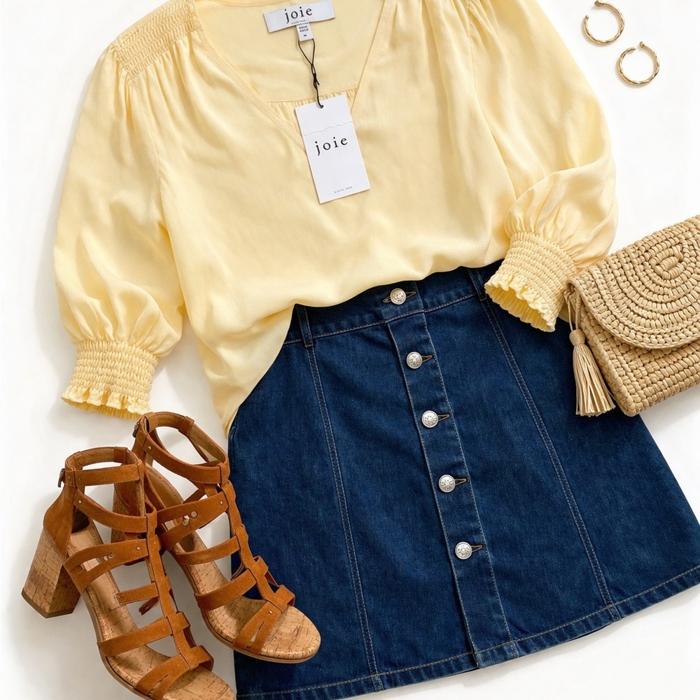 NWT Joie Karemele Silk Blouse Custard Yellow Smocked Sleeve Size S